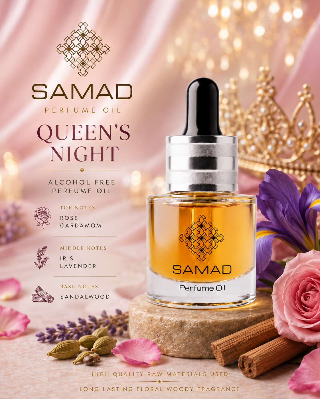 Queens Night perfume oil, rose cardamom iris sandalwood notes