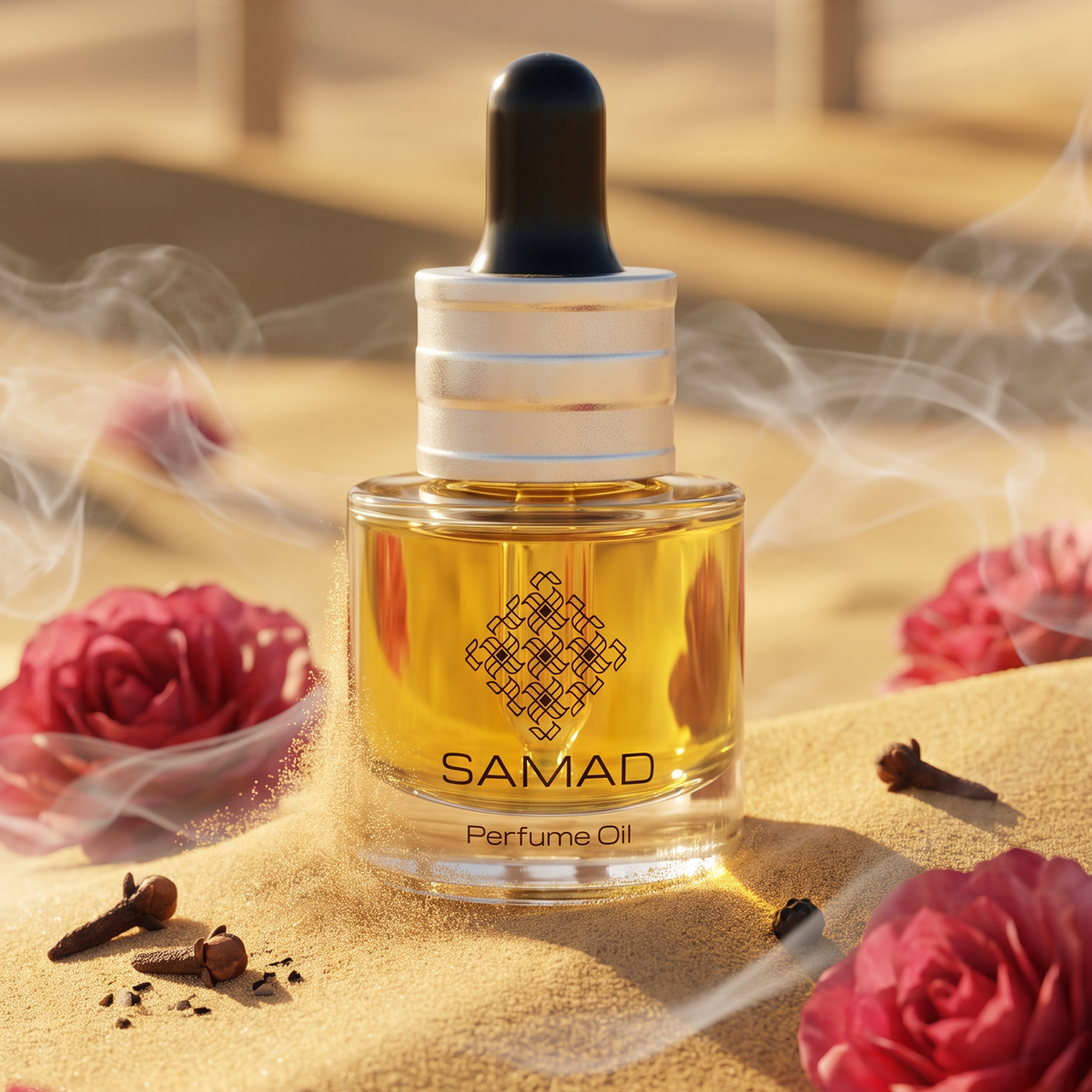 A bottle of SAMAD Perfume Oil with golden liquid and a black dropper cap, styled on sand with pink roses, cloves, and smoke in the background.